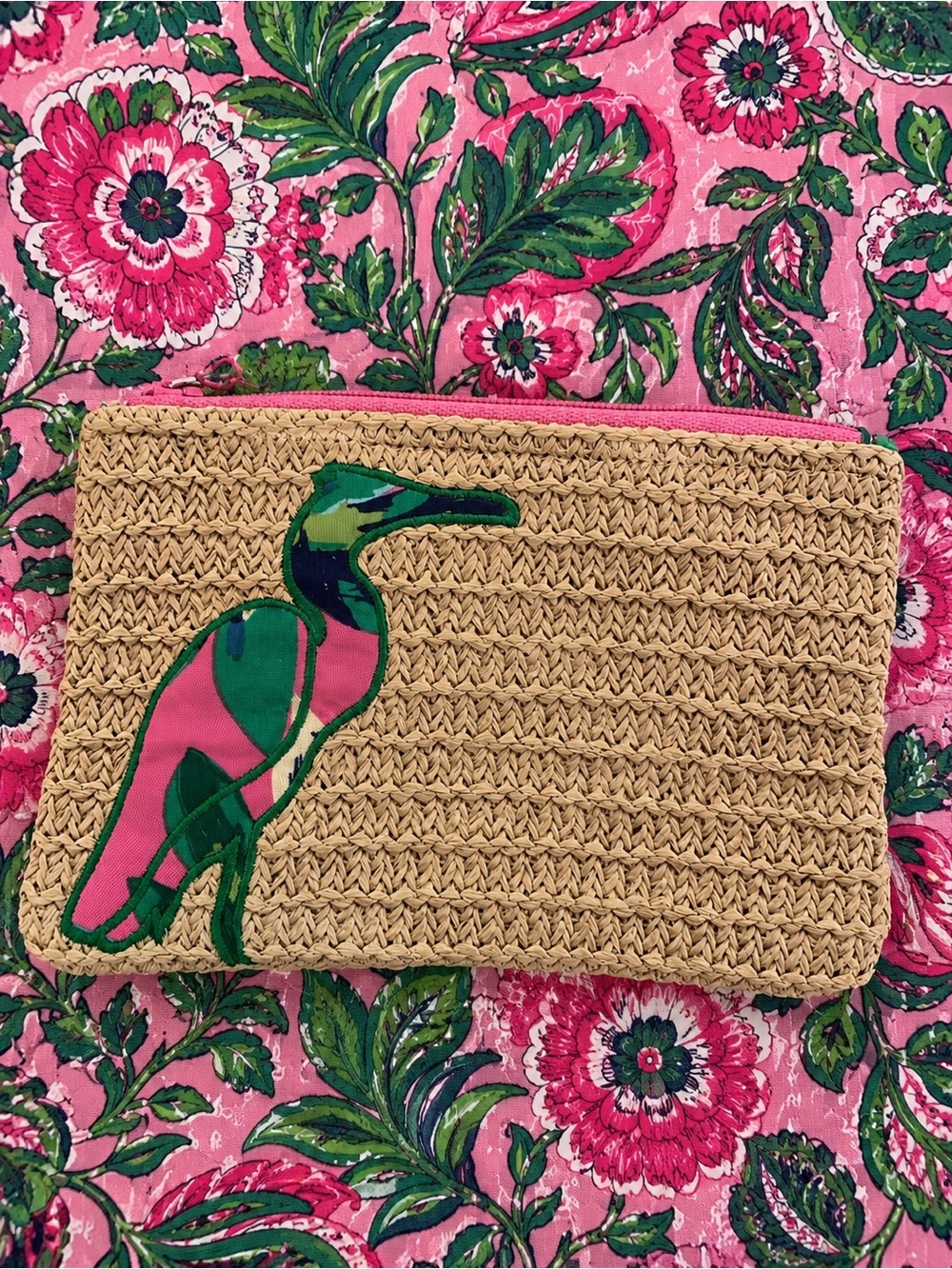 Vera Bradley Pink Green Straw Embroidered Bird Wristlet EUC